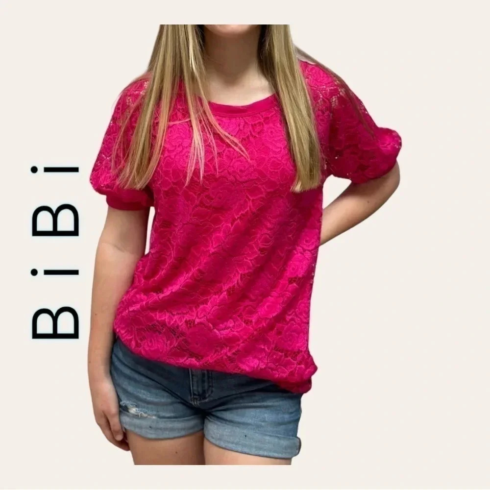 0982. BIBI SHORT‎ SLEEVE TOP LACE WITH LINING UNDER HOT PINK IN COLOR